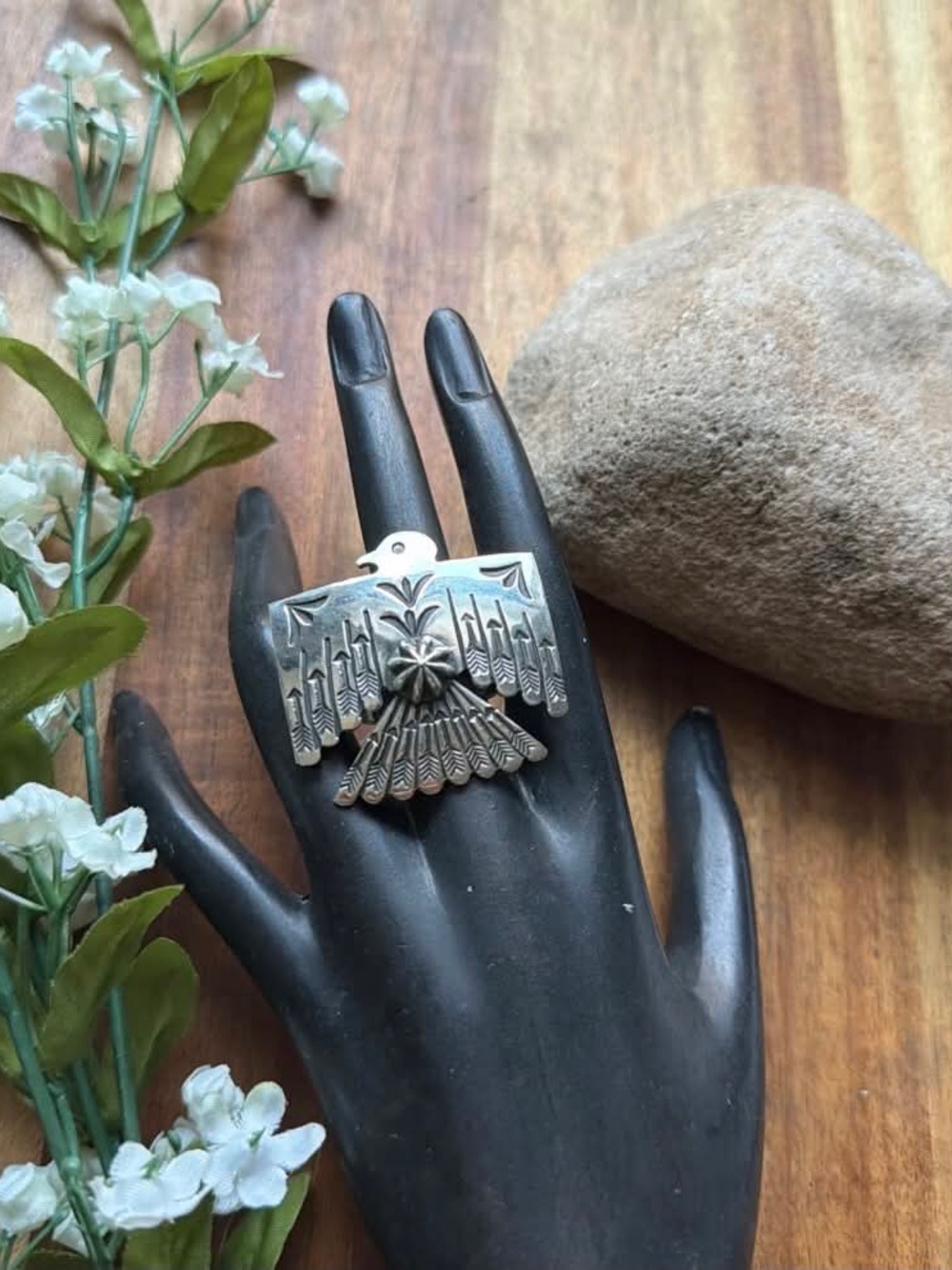 Navajo Sterling Silver Thunderbird Stamped Adjustable Ring Sunshine Reeves - Picture 7 of 12